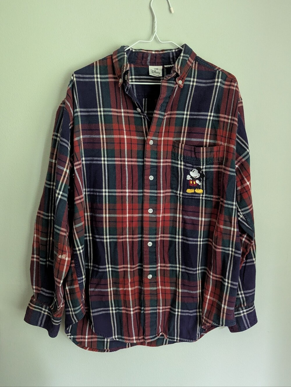 Vintage 90s Disney Store Mickey Mouse M/L Soft Plaid Flannel Button Down FLAWS